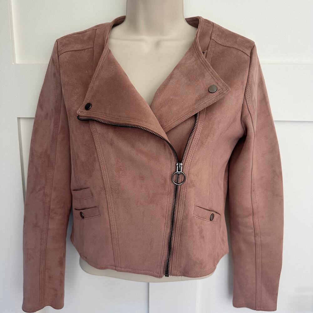 Haute Monde Suede Moto Jacket Faux Vegan Zip Pockets Blush Mauve Women's Small - Picture 4 of 12